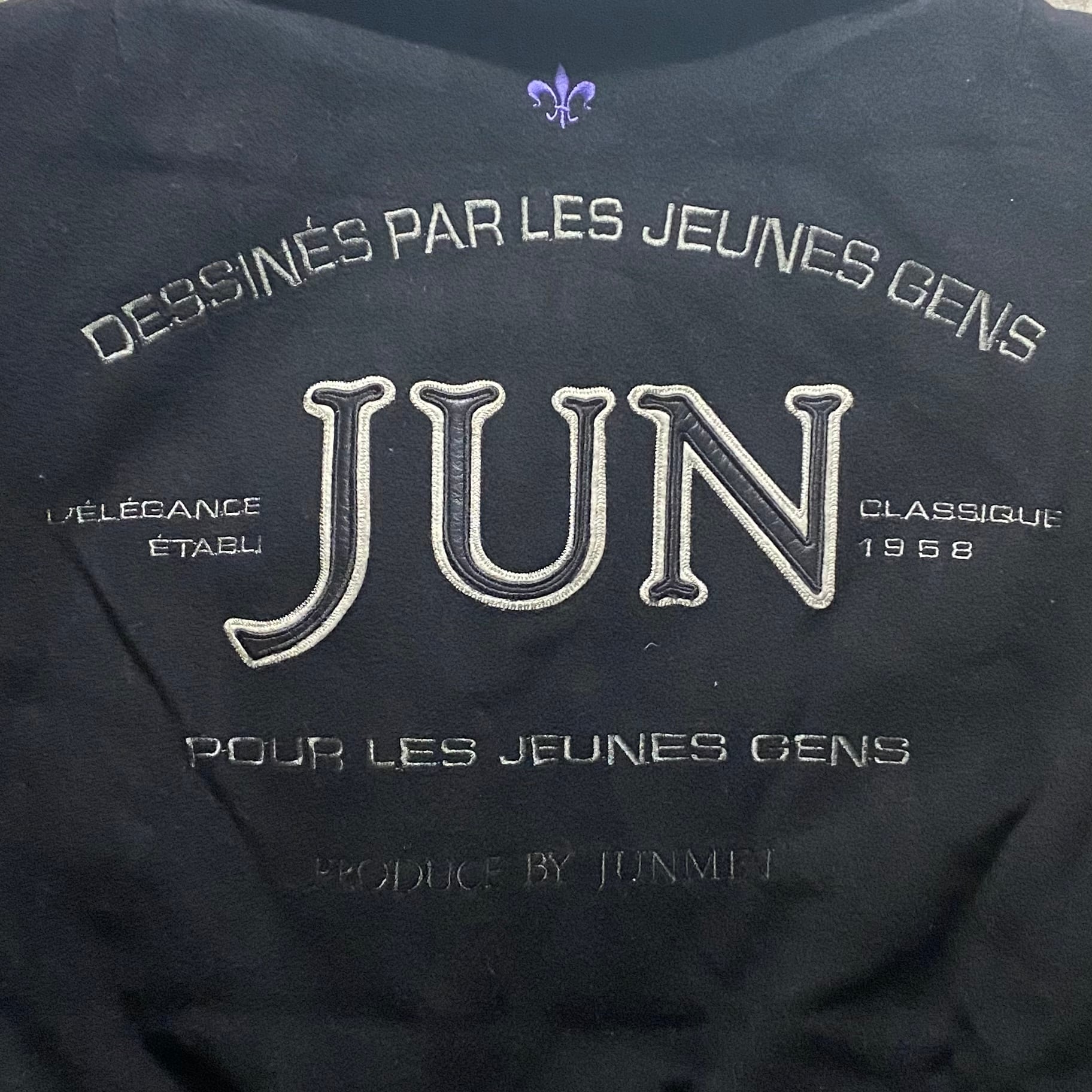 vintage JUN back logo embroidery leather switching jacket | NOIR