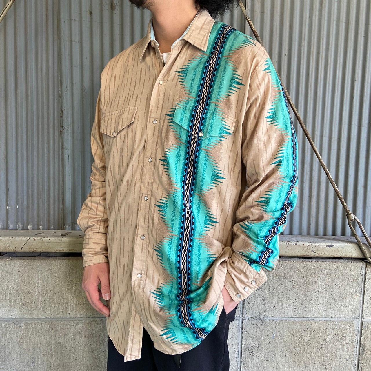 90年代 ROPER ネイティブ柄 長袖 ウエスタンシャツ メンズL 古着 総柄 