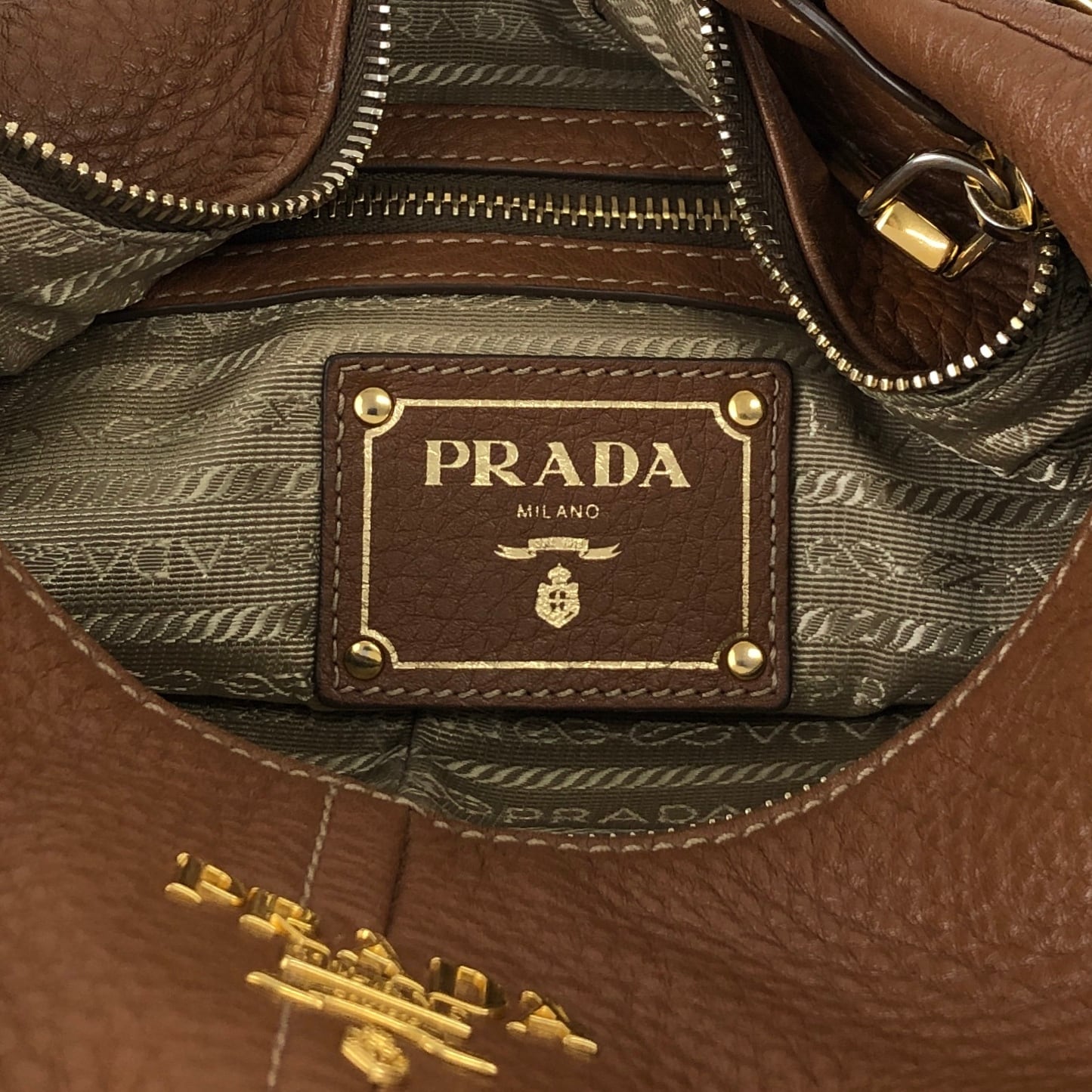 PRADA プラダ ショルダーバッグ ブラウン ロゴ レザー ホーボー