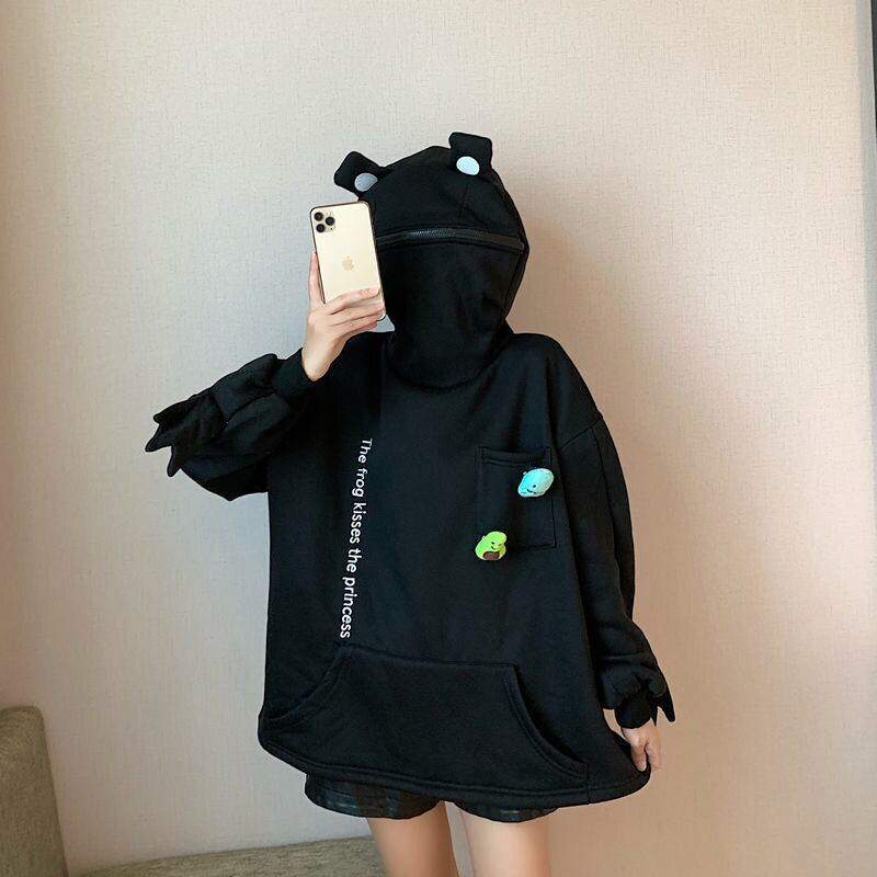 送料無料 HOUZHOU カエルパーカー女性冬原宿パッチワーク長袖
