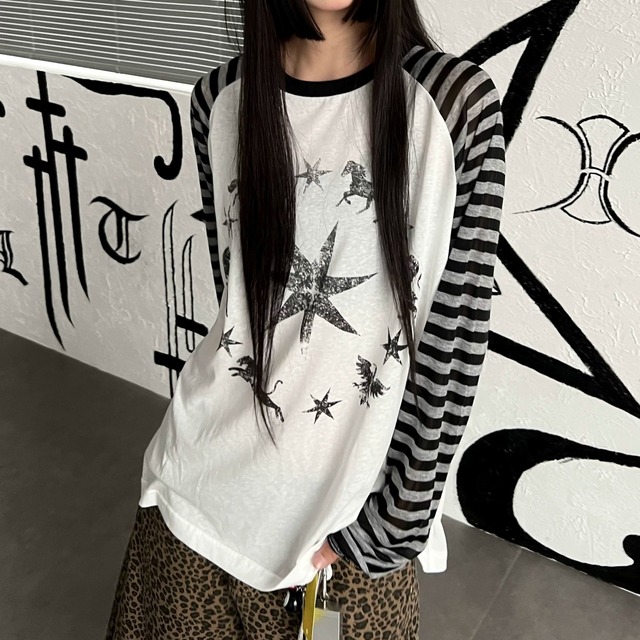 スターアニマルグラフィックボーダーラグランTシャツ 1col   R02534