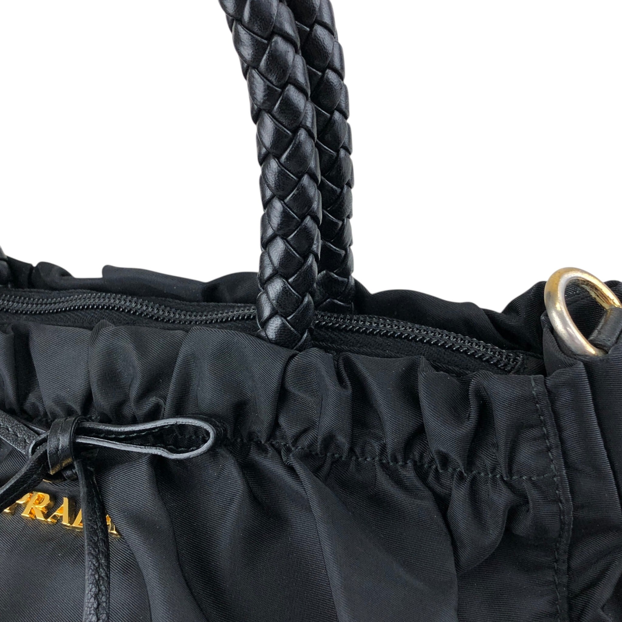 PRADA プラダ ハンドバッグ ブラック リボン ナイロン ギャザー
