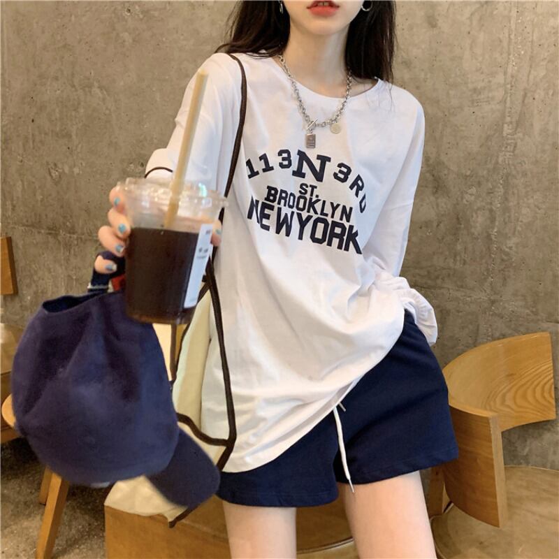 Tシャツ シャツ ルーズホワイトサマーカジュアル薄手トップス ロング 夏物 ブラックストロベリース82209165607