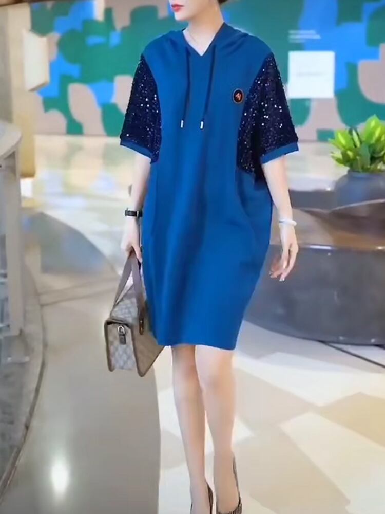 スタイルフードドレス スプリングサマールーズスパンコールスカート 大きめサイズ 春物 夏物 ステッチ ミックスインファッション61538037615