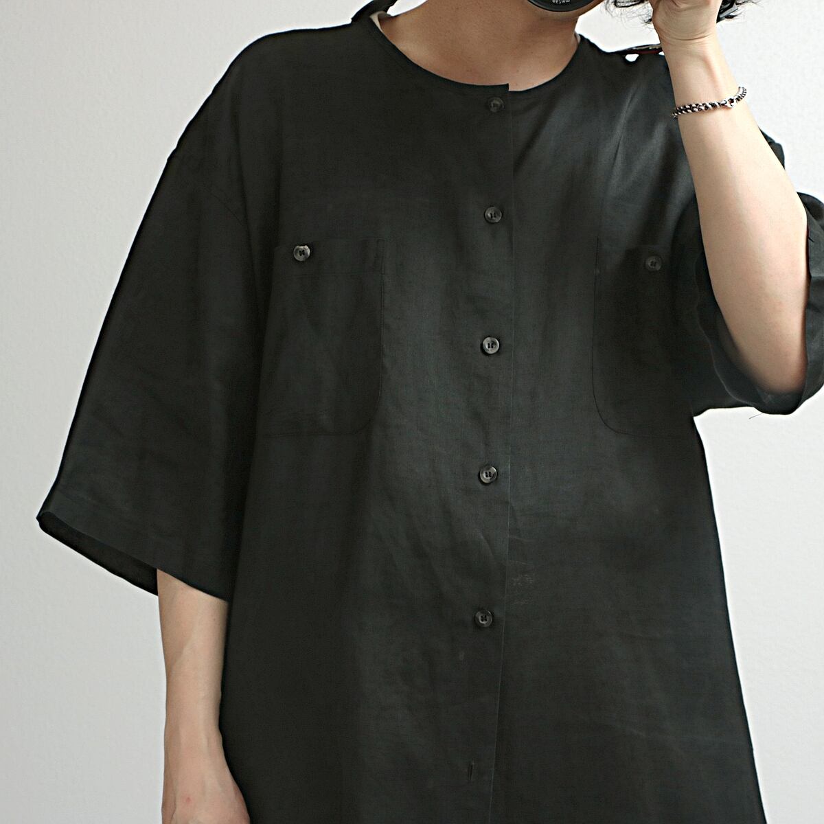 Godbody Collection ソリッド ノーカラー 半袖 リネンシャツ 古着 used ブラック
