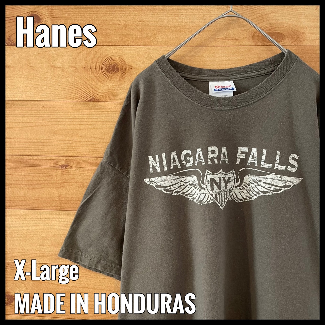 【Hanes】ナイアガラの滝 Tシャツ ロゴ XL ビッグサイズ カーキ US古着 アメリカ古着