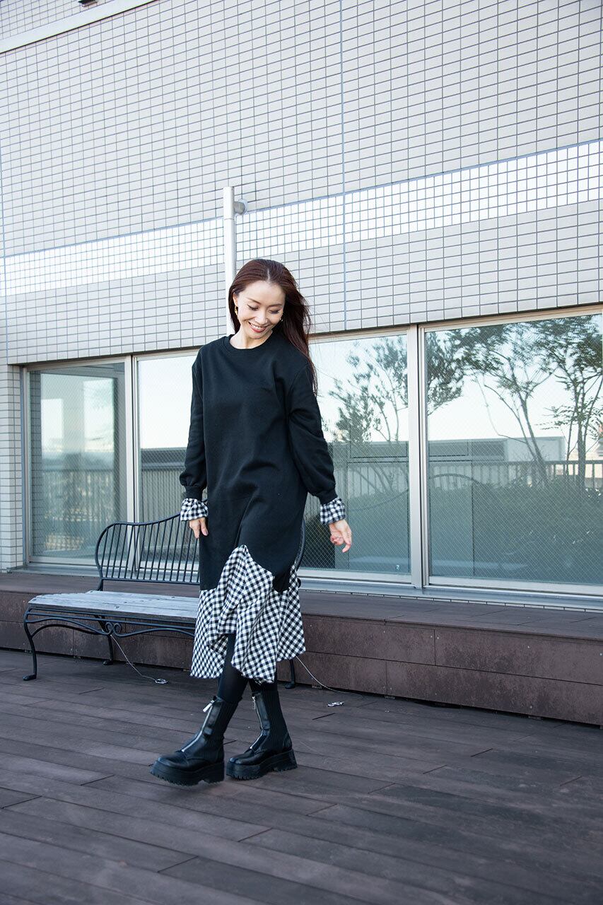 裏起毛チェックヘムスウェットワンピース