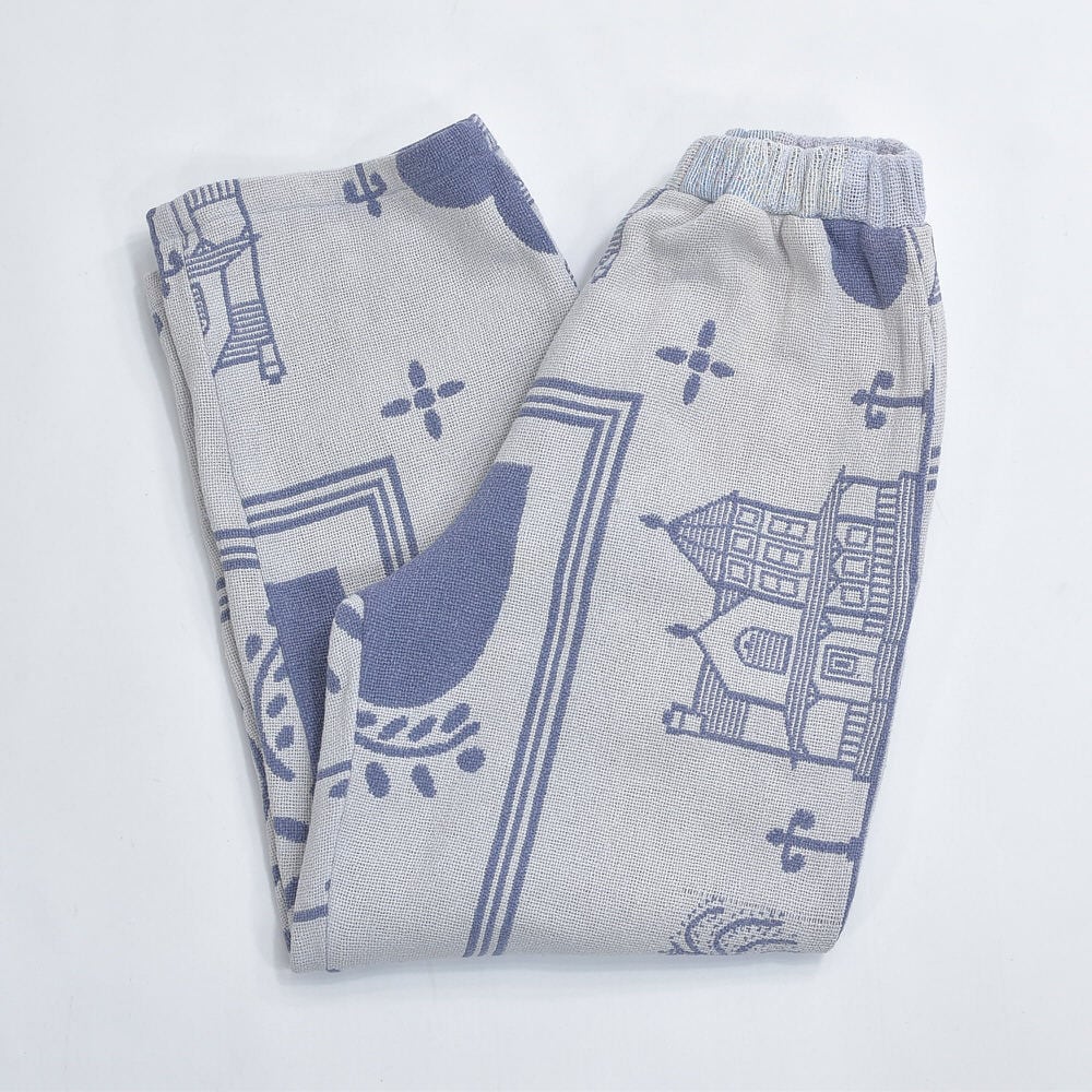 Remake リメイク ルーズシルエット 建物 風景柄 ジャガード 総柄 デザイン ラグパンツ ブランケット タペストリー パッチワーク イージーパンツ 再構築 ゴブラン ユニセックスサイズ W62~98cm