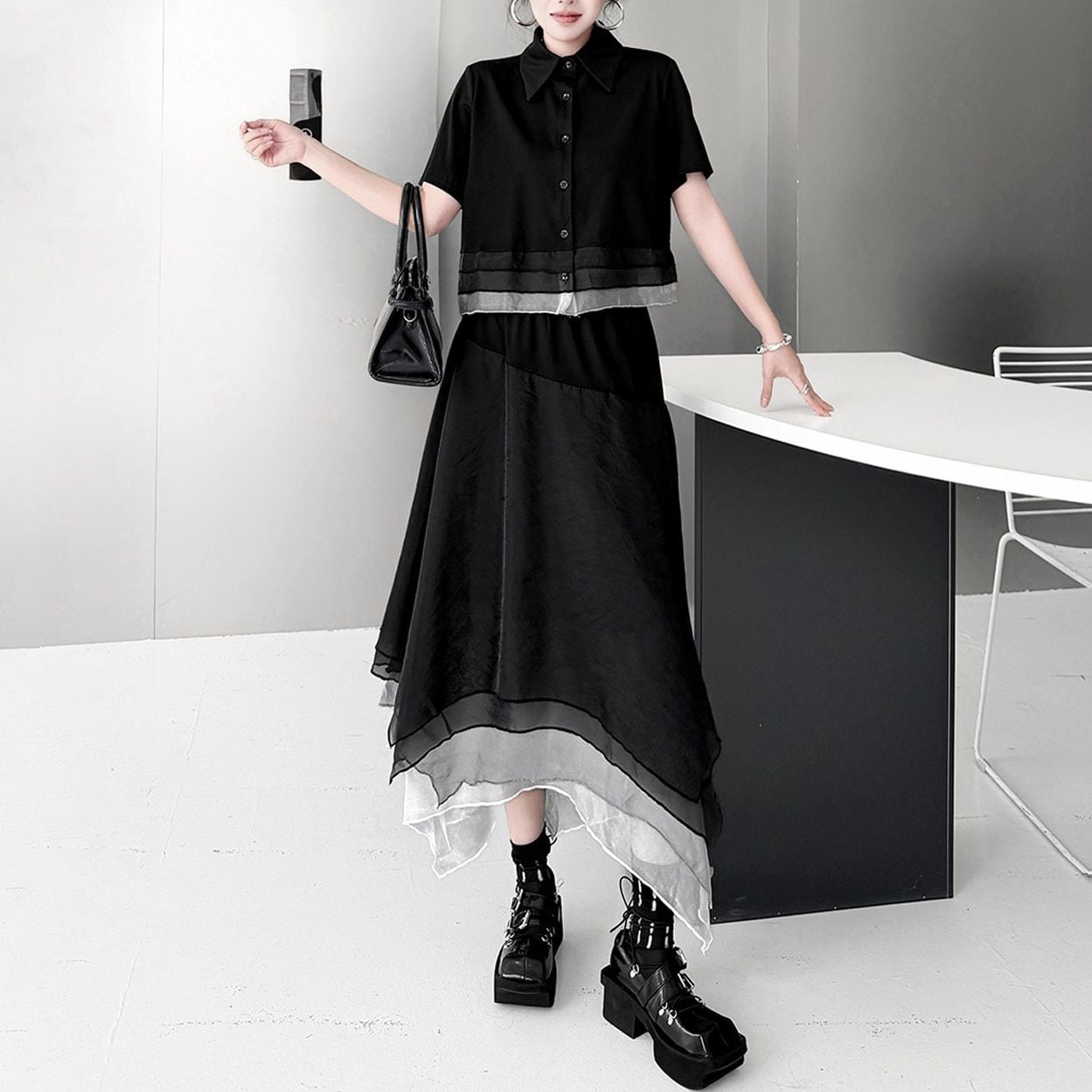 CONTRAST MESH SHIRT AND ASYMMETRIC SKIRT SETUP M-17845