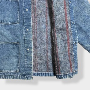 【Dickies】70s 80s USA製 白タグ カバーオール デニムジャケット ワークジャケット 38 LARGE リペア有 切替 コーデュロイ 裏地ブランケット ディッキーズ us古着
