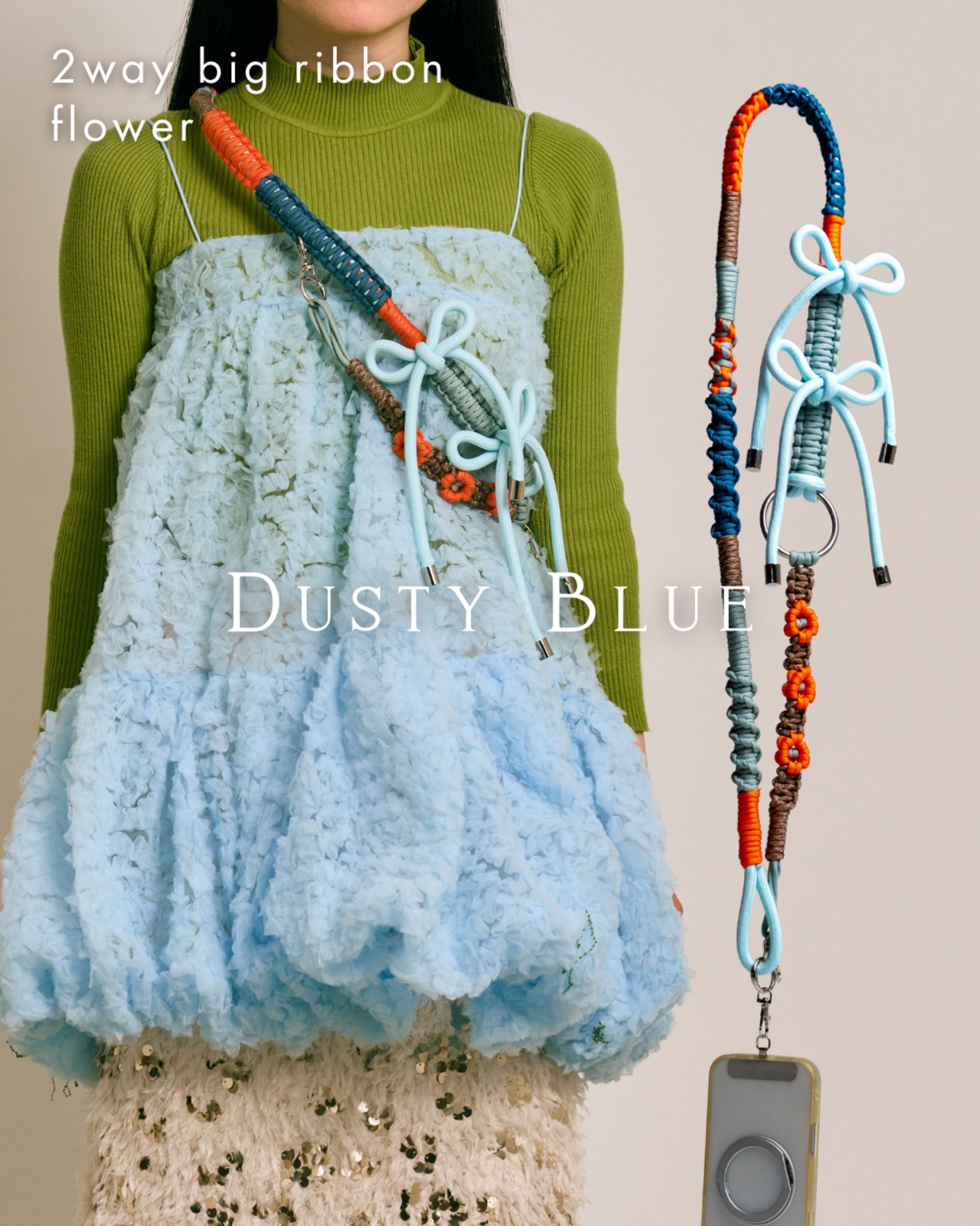 2way big ribbon flower strap Dusty Blue