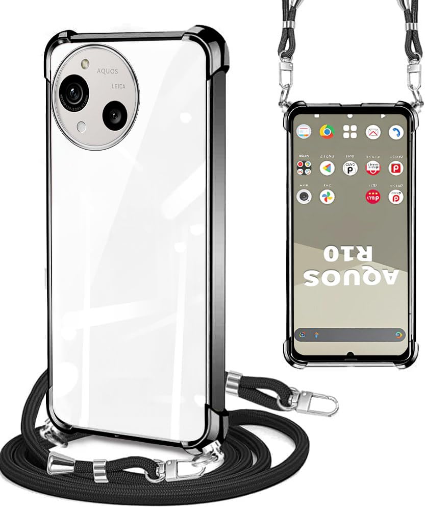 AQUOS R10 ケース AQUOS R9 カバー クリア ショルダーストラップ SH-51Fスマホケース 耐衝撃 A501SH SH-M31 カバー サムスン 肩掛け 斜めかけ 縄掛け韓国 透明 TPU ストラップ付き 携帯ケース メッキ加工 薄型 軽量 紐付き 斜めがけ 織り ネック 取り外し可能 ワイヤレス(ブラック)