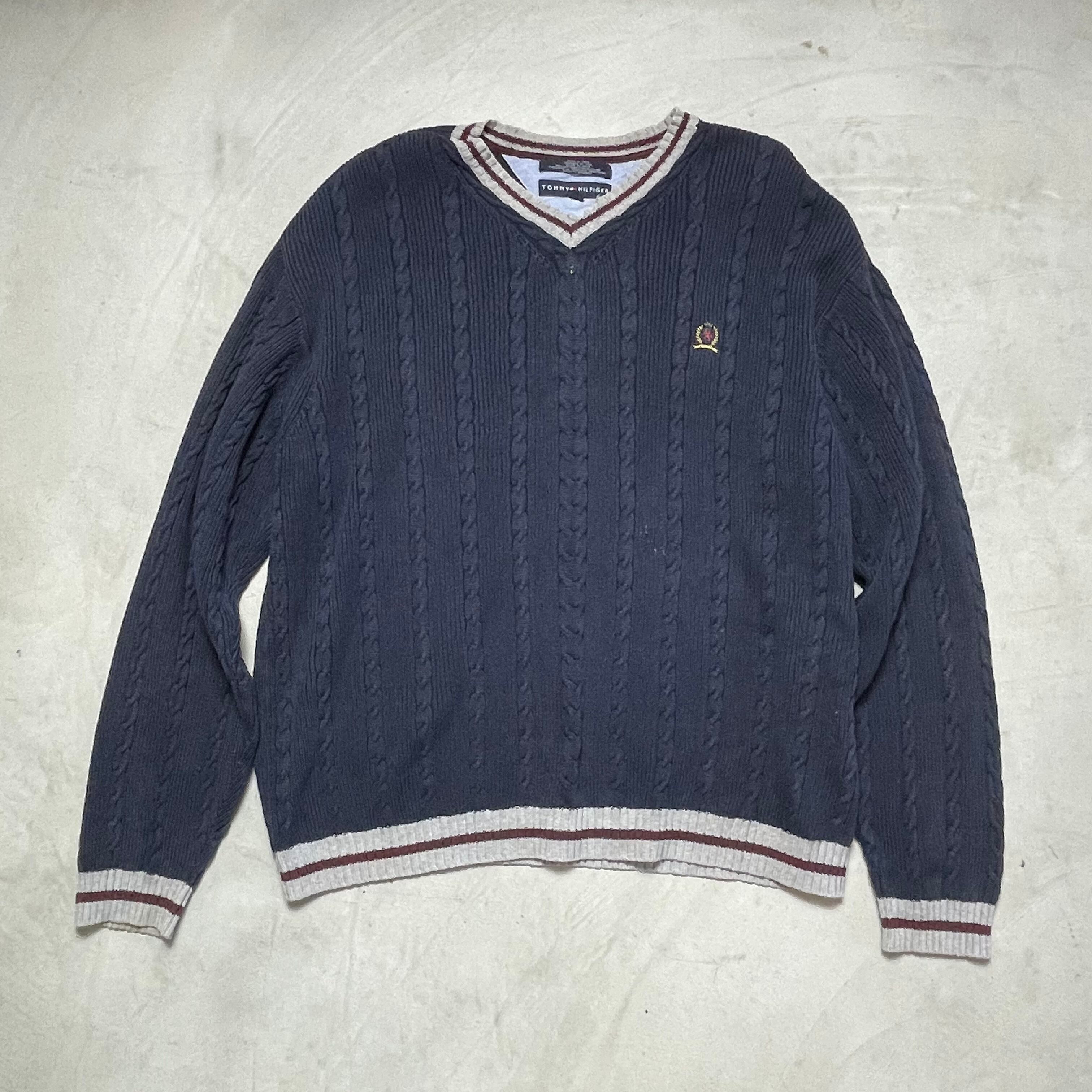 TOMMY HILFIGER トミーヒルフィガー クルーネック コットンニットセーター メンズL 古着 ケーブルニット ネイビー 紺色 ワンポイントロゴ刺繡【ニットセーター】
