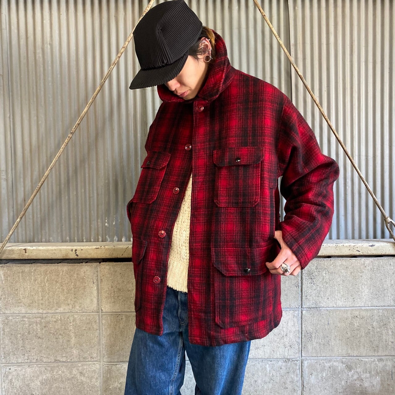 80年代 ウールリッチ ダブルマッキーノ ウールハンティングジャケット メンズXL 古着 80s WOOLRICH ビンテージ ヴィンテージ  ブラック×レッド 黒×赤【ブルゾン・ジャケット】 | cave 古着屋【公式】古着通販サイト