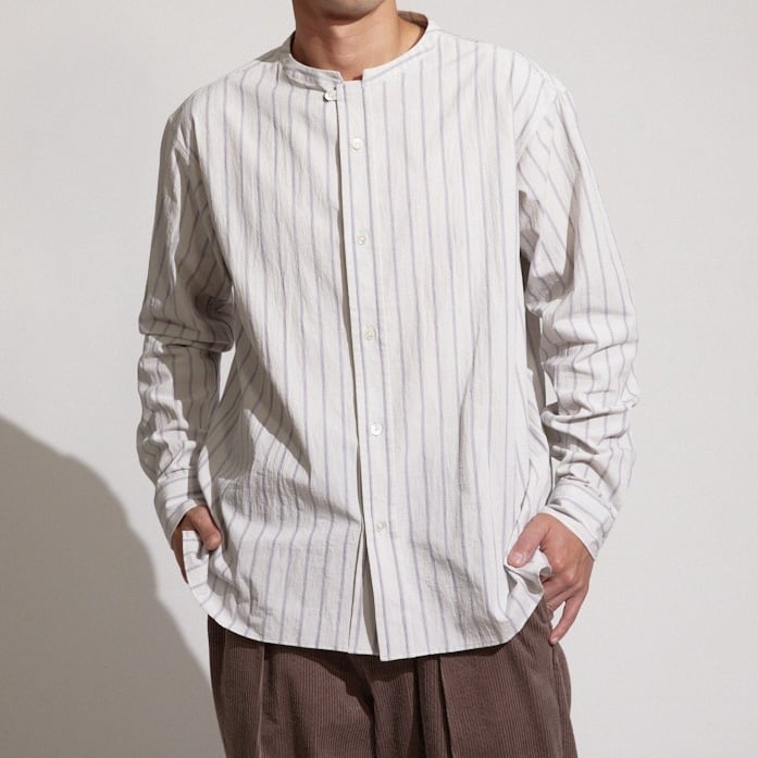 WASHER STRIPE BAND COLLAR SHIRT / ワッシャーストライプバンドカラー