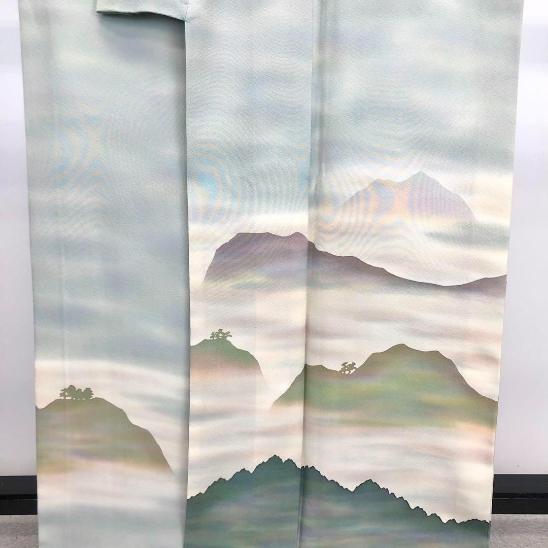 訪問着 本郷葵虹 虹染 遠山雲海風景 縮緬 トールサイズ 薄浅葱色 K 