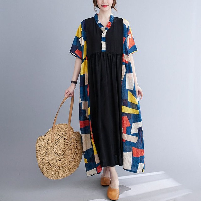 CONTRAST PANEL RUFFLED SHORT SLEEVE MAXI DRESS M-17400