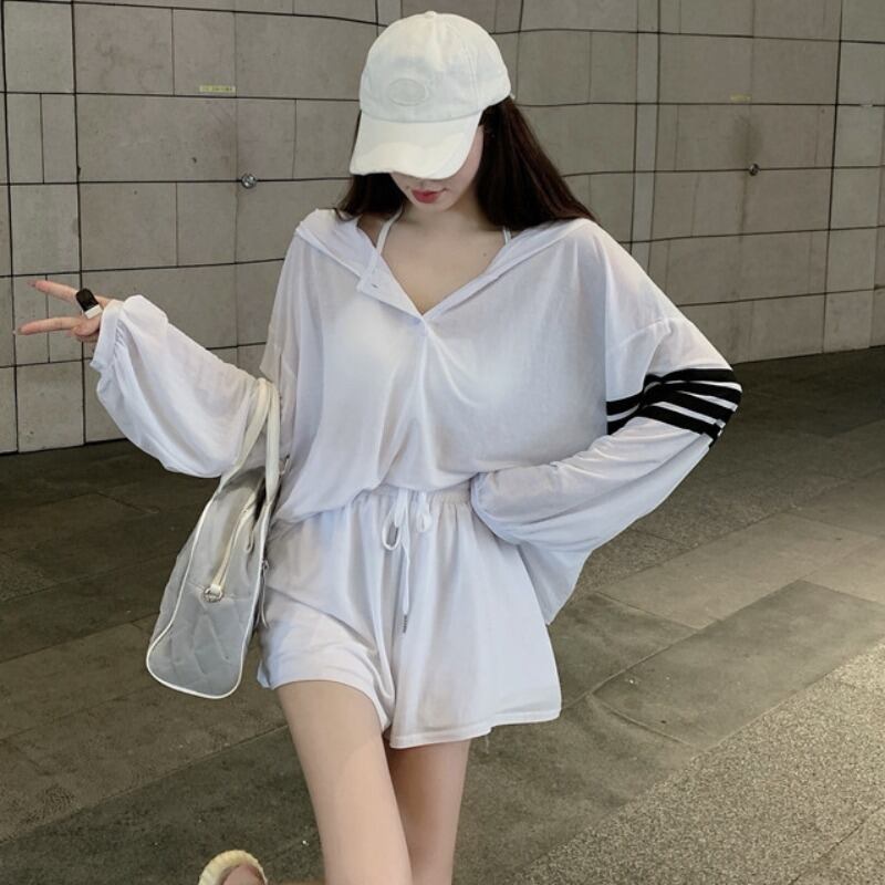 フード薄手Tシャツ ストレッチウェストワイドレッグショーツ エラスティック 伸縮 ブルマー ワイドパンツ ハンチェンe33625624517