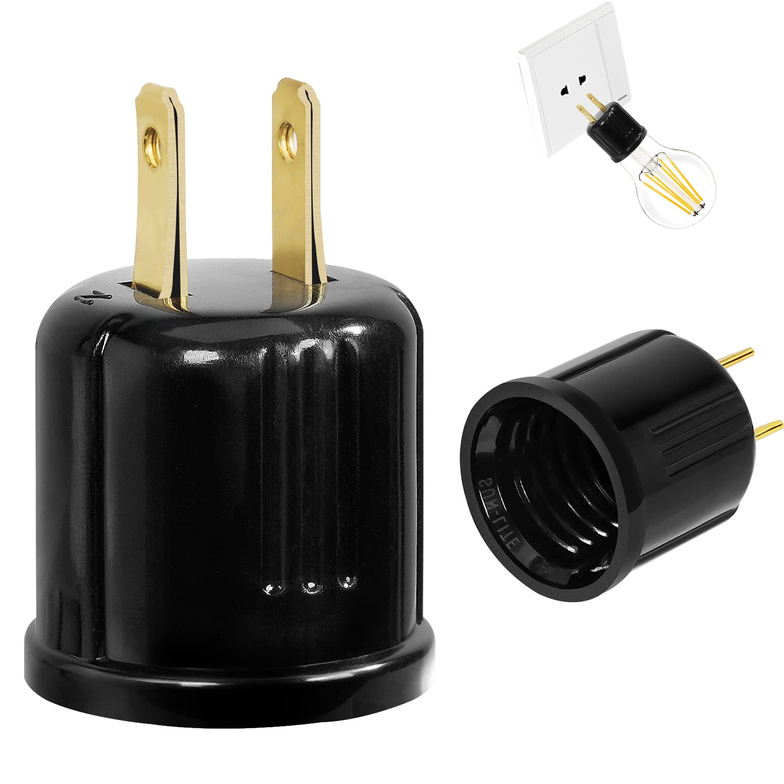 Aiwode 電球ソケット ソケット変換コンセントアダプター E26用 ソケット付きコンセントプラグ 電球ソケットE26口金 変換ソケット 黒い 2個入り(電球なし)