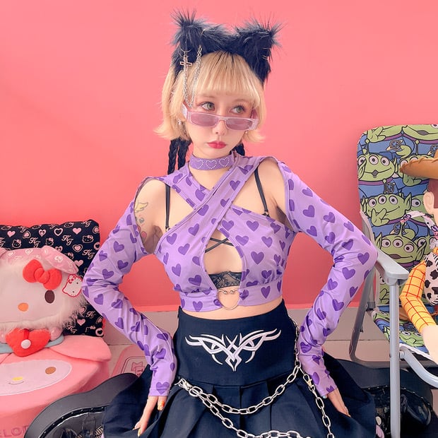 トップス ハート ロック ダンス 紫 オフショルダー セクシー