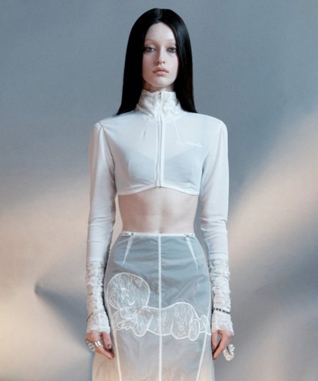 [SCULPTOR] Casper Lace Zip-up Tee Ghost Sheer