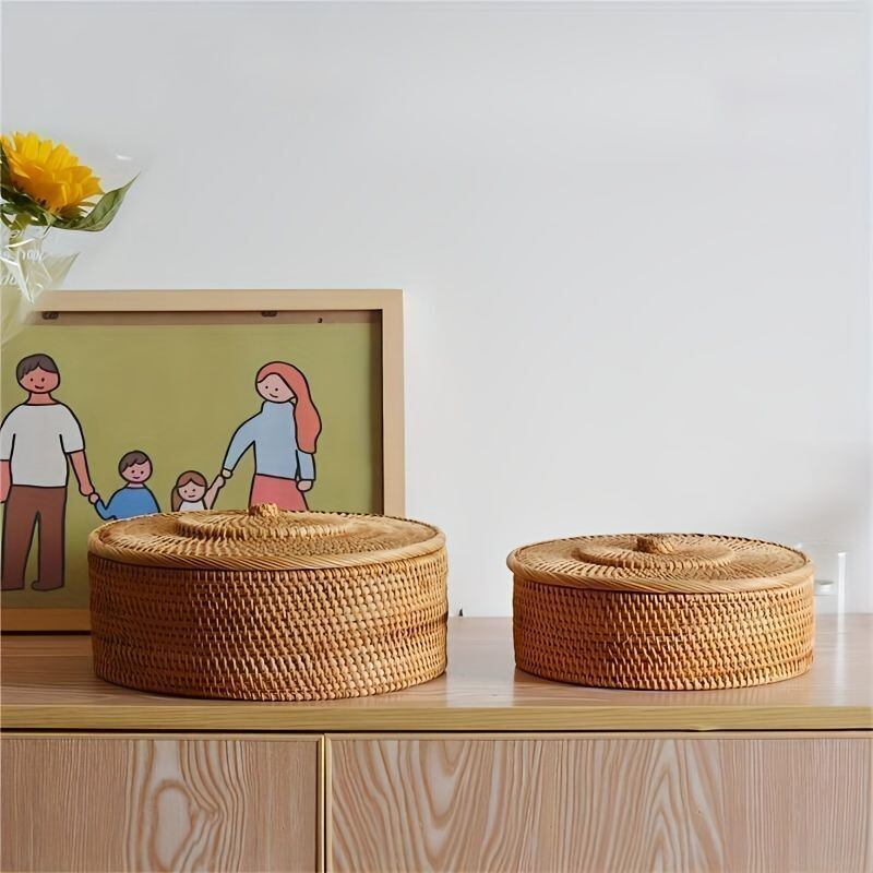 新しい手編みバスケット 原色 シンプルなレトロ籐収納ボックス 蓋付き 新しい手編みバスケット 原色 シンプルなレトロ籐収納ボックス 蓋付き