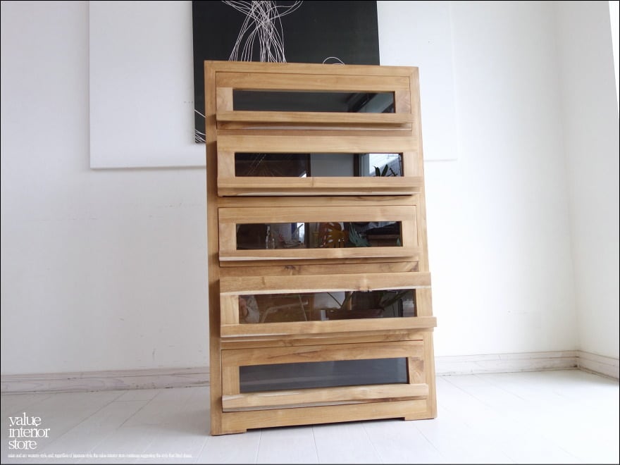 「 イトウ様 サイズオーダーガラスチェスト 」チーク総無垢材 前面ガラス引出五杯N 食器棚 チェスト キャビネット 収納棚 シンプル 箪笥 手づくり ナチュラル 無垢 銘木家具