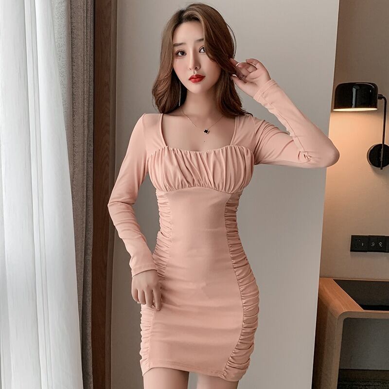 オータムスタイルカラースタンダードバックウェストドレス レディース レトロ 秋物 スクウェア ハンチェンe21528525711