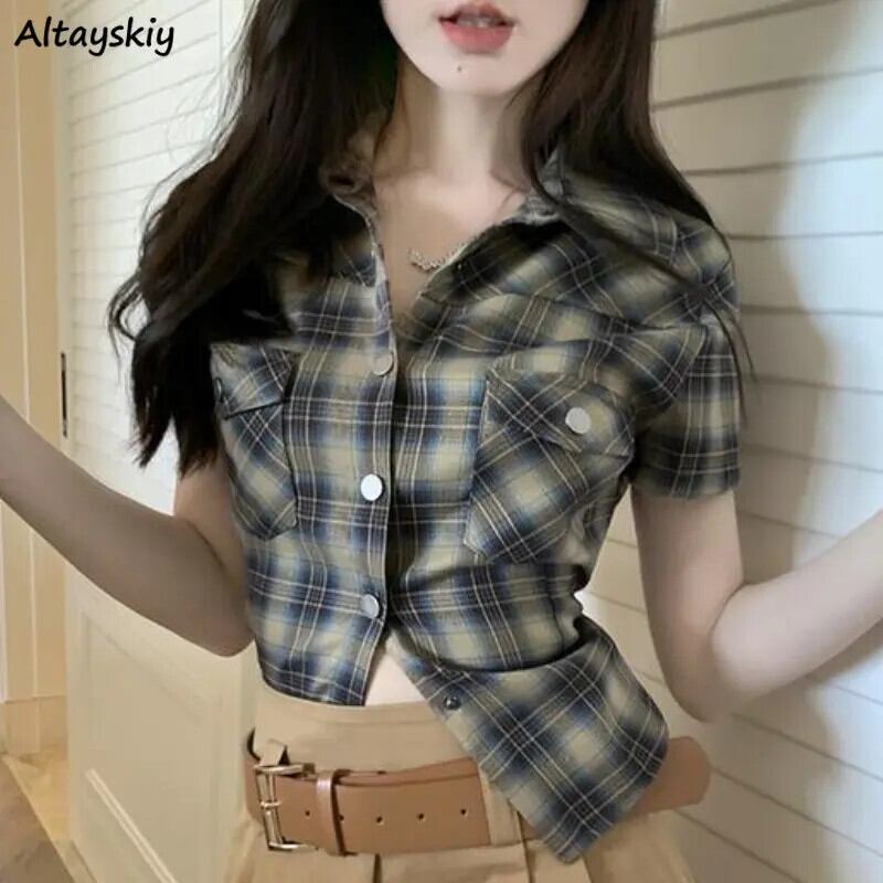 【新作】【送料無料】 チェック柄シャツ女性ヴィンテージセクシーなクロップトップスストリートシックな夏 Y2k スキニー Camisas ファッションカレッジ Kpop カジュアル気質新しい 0367838133497