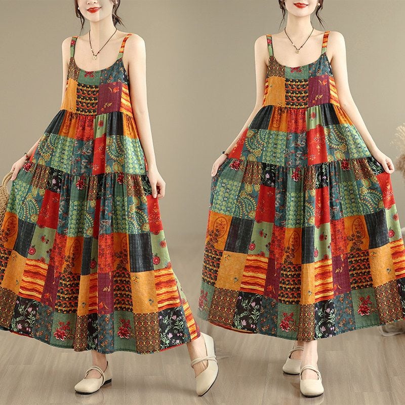 ASYMMETRIC PANEL SLEEVELESS TIERED MAXI DRESS M-17690