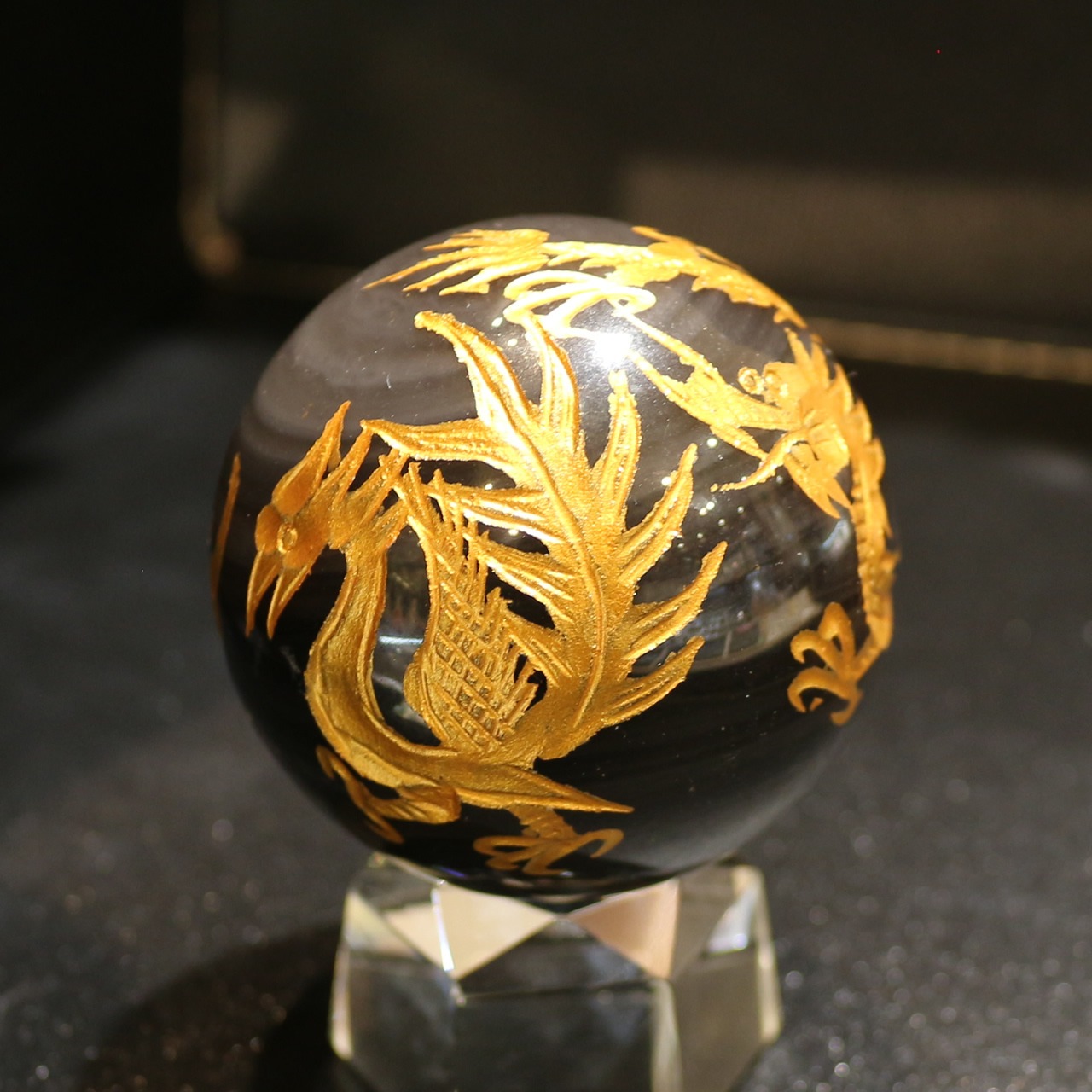 オブシディアン　スフィア　四神彫り　金塗り　53mm　丸玉　0104001538・画像13