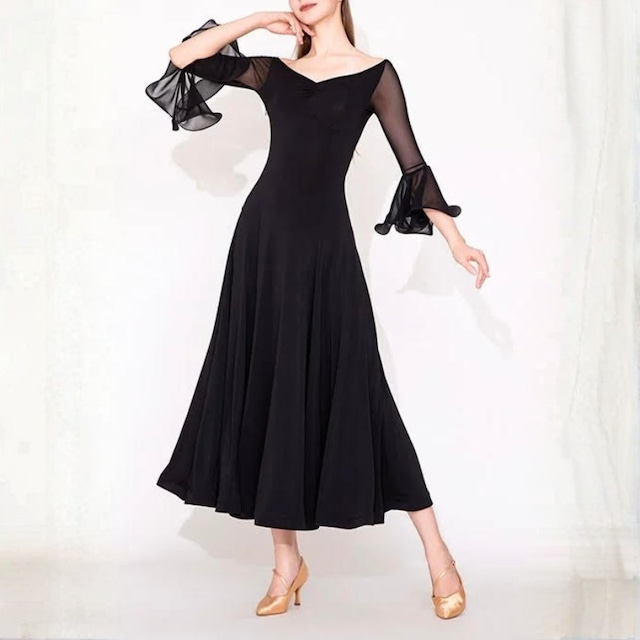 シアーメッシュスリーブ ベルフレア ロング ダンスドレス 2col D00626