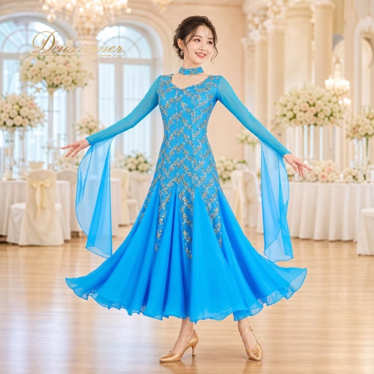 社交ダンス 衣装 prima boutique プリマブティック ドレス ワンピース ブルー系 水色 スパンコール 花 かわいい 明るい 上品 チョーカー ダンス衣装 金 イベント ステージ パーティー レディース おしゃれ キラキラ 輝き ゴールド系