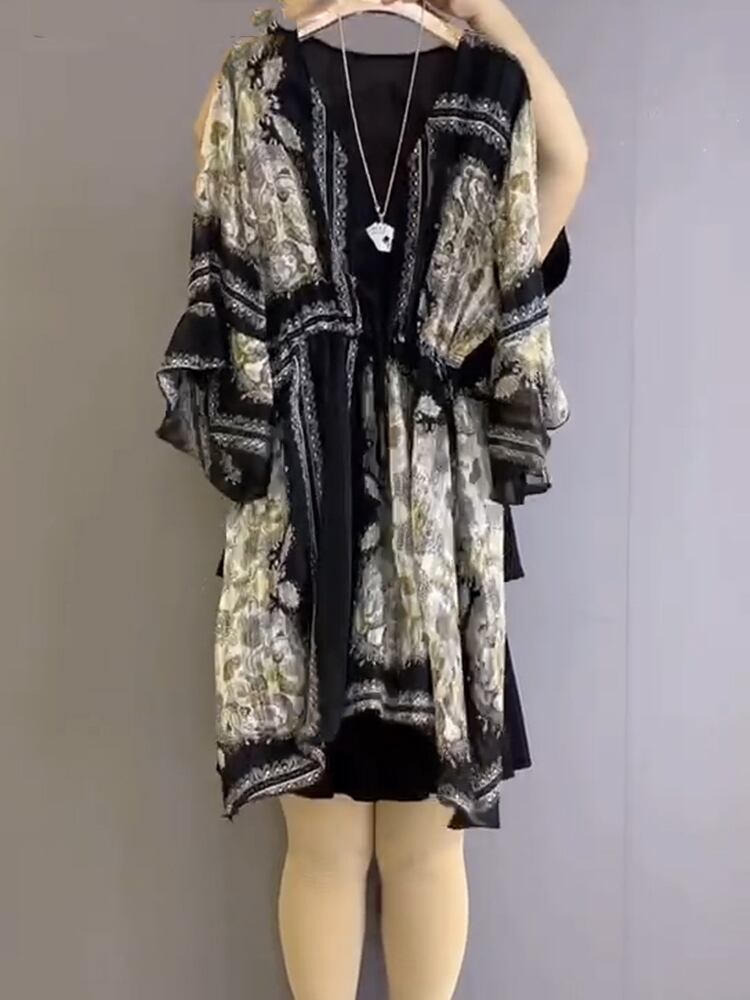 スタンダードスリーブプリントスカート スプリングスタイルVネックウェストドレス レトロ 大きめサイズ 春物 ミックスインファッション27461878640