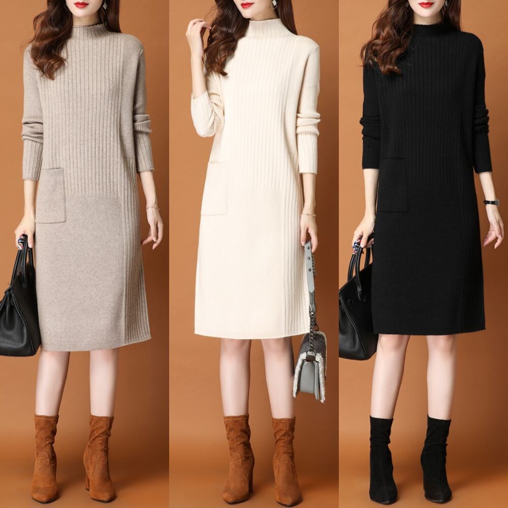 ワンピース レディース ニットワンピース プルオーバー 膝丈 ひざ丈 膝上 長袖 ハイネック ポケット かわいい 大人可愛い シンプル きれいめ 大人 おしゃれ お洒落 ラブリー キュート 主役級 存在感 無地 秋 冬 お呼ばれ 20代 30代 40代 OL 通勤 学生 通学 デート お出かけ 女子会 休日 着回し 普段使い 韓国 韓国系 送料無料 ファッション コーデ スタイル モテ トレンド 流行 インスタ映え M L XL 2XL 大きいサイズ ホワイト 白 ブラック 黒 ベージュ