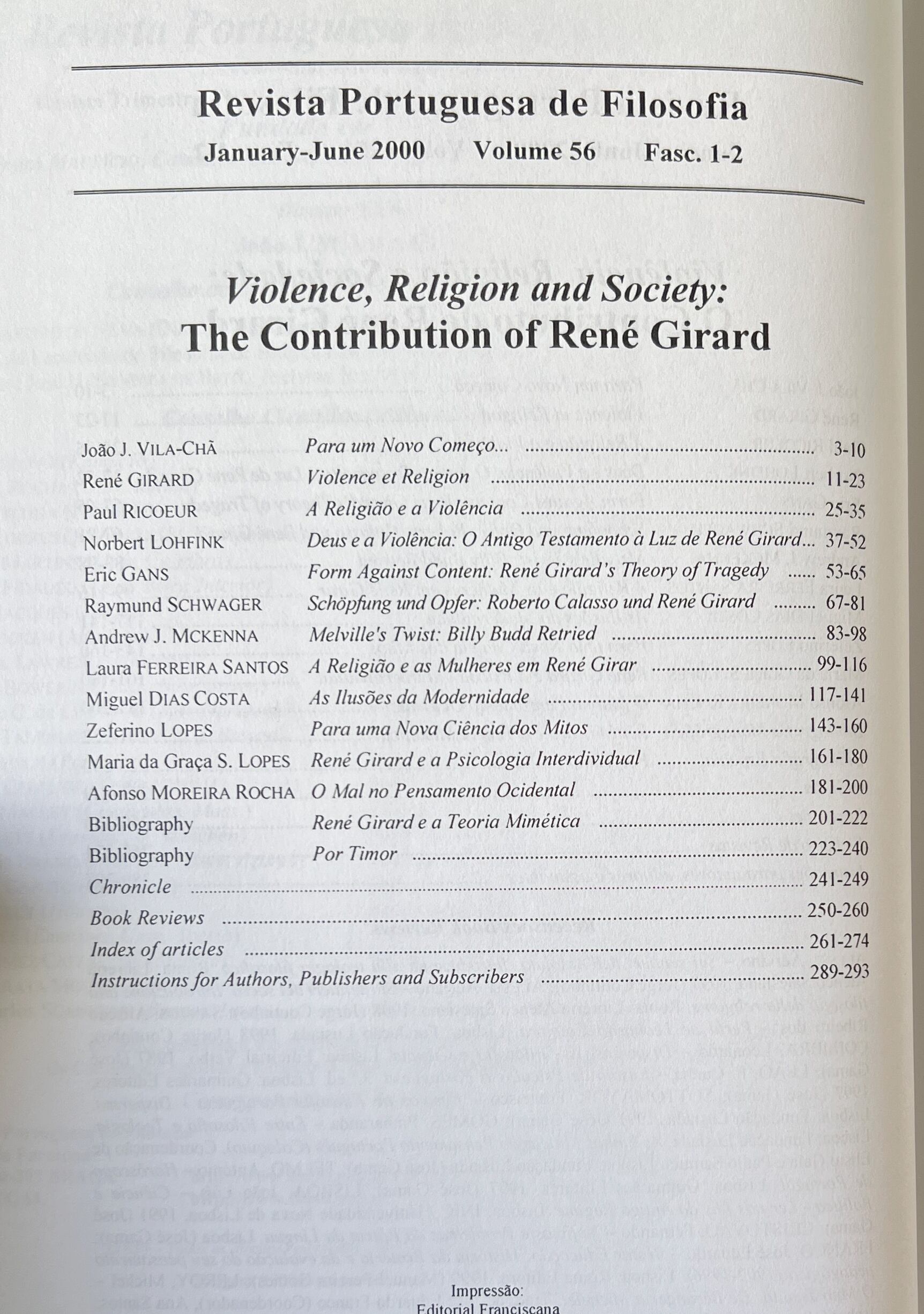 Revista Portuguesa de Filosofia 2000,V.56,N.1-2 :Religião, Violência e Sociedade