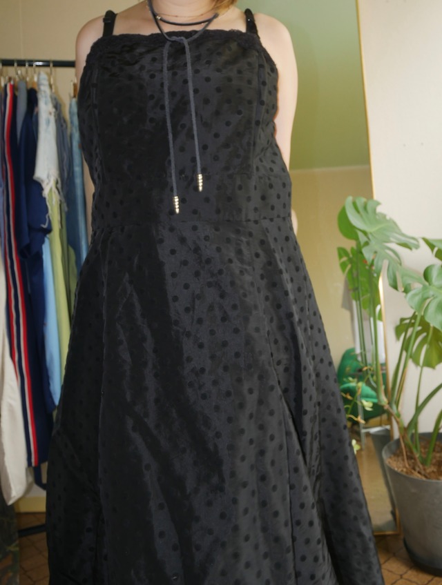 80s-90s Vintage Black Flocky Polka Dot Dress