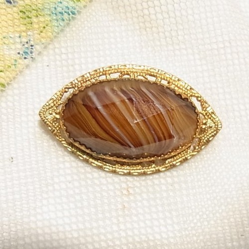 とんがり楕円形ブラウンの石のブローチ　 ヴィンテージブローチのセール通販 9809BR
