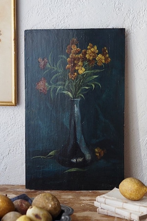 花入れとオレンジの花-antique oil painting