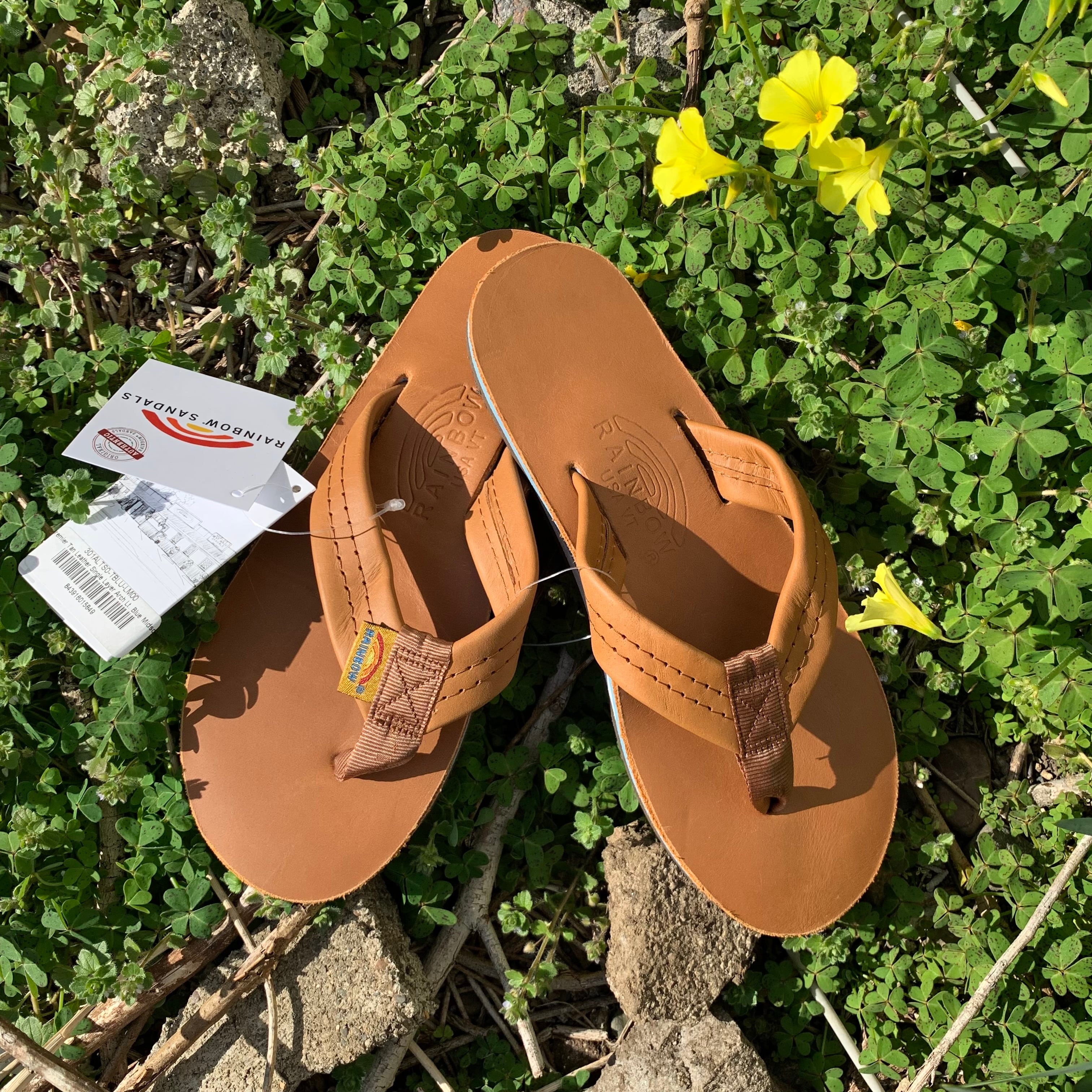 Women's "Rainbow Sandals"Single Layer Classic Leather Tan/Blue