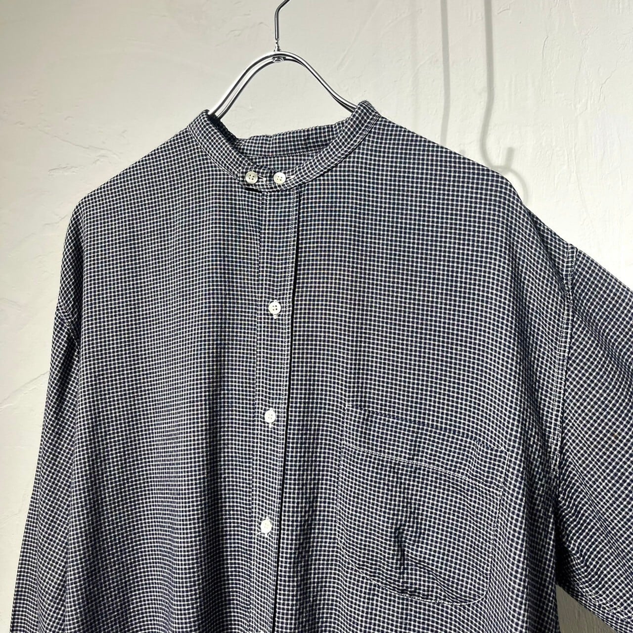 90s EMPORIO ARMANI Gingham Check Band Collar Shirt ITALY製 | VOLAR
