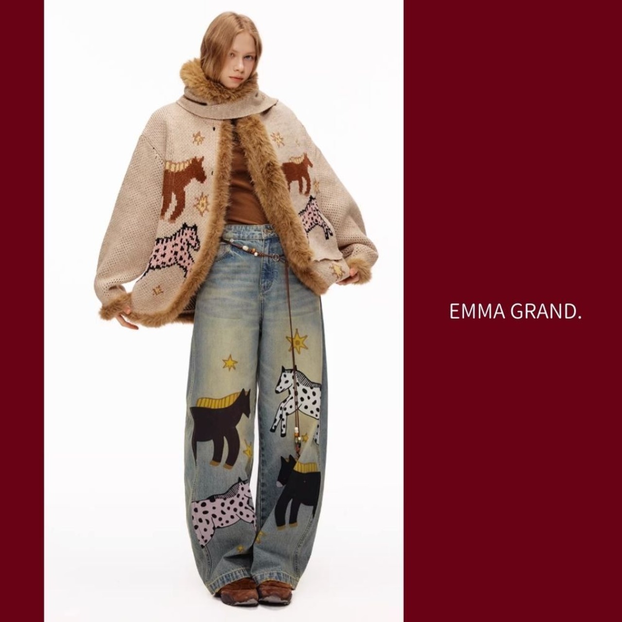 星降る草原を歩く、馬たちのデニムパンツ E00627