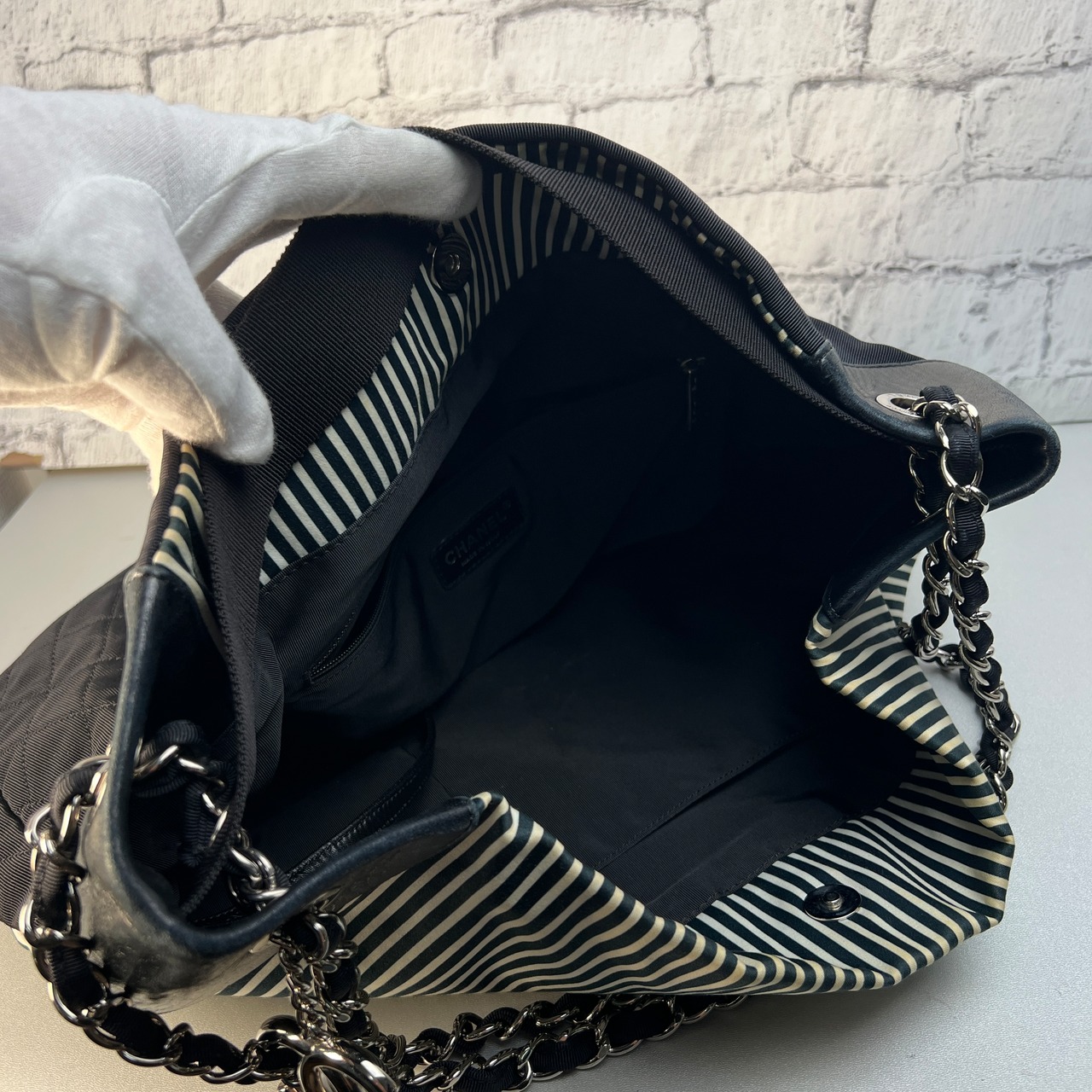 CHANEL シャネル ココマーク ストライプ キャンバス トートバッグ ブラック A-10149