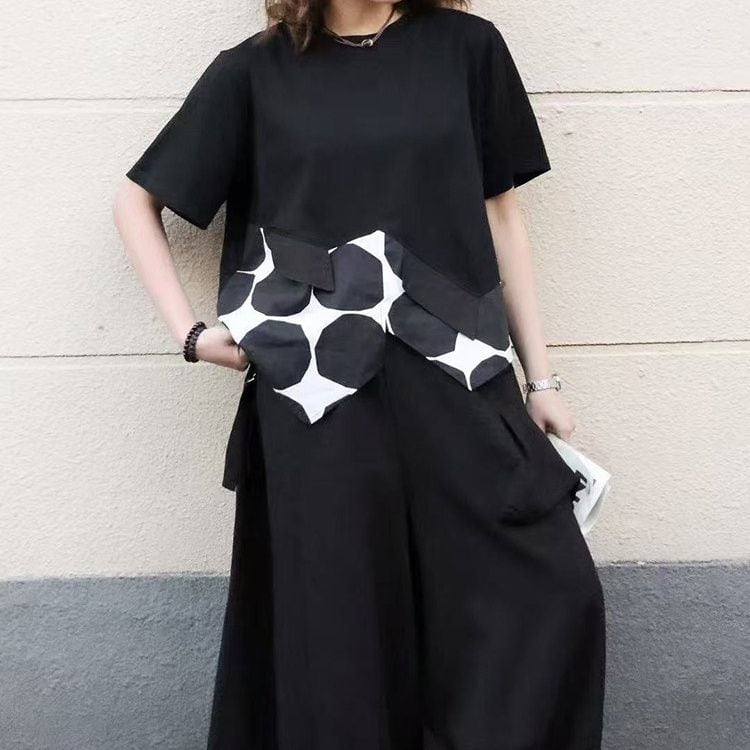 POLKA DOT ASYMMETRIC PANEL SHORT SLEEVE T-SHIRT M-17315