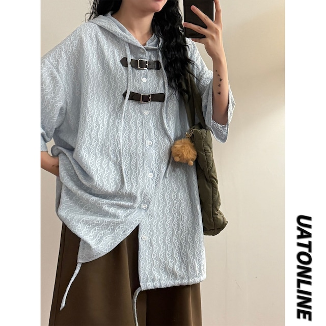 ♥肌理感のあるパーカー短袖シャツ！【UATONLINEシリーズ】★シャツ★ 2color トップス アウター 半袖シャツ ユニセックス