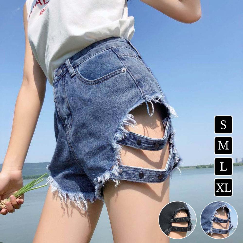 ショットパンツ レディース ダメージデニム ハイウエスト 裾フリンジ