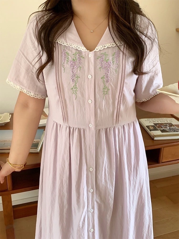 甘さも上品さも ラベンダー花刺繍ワンピ 襟付き フレンチガーリー 半袖