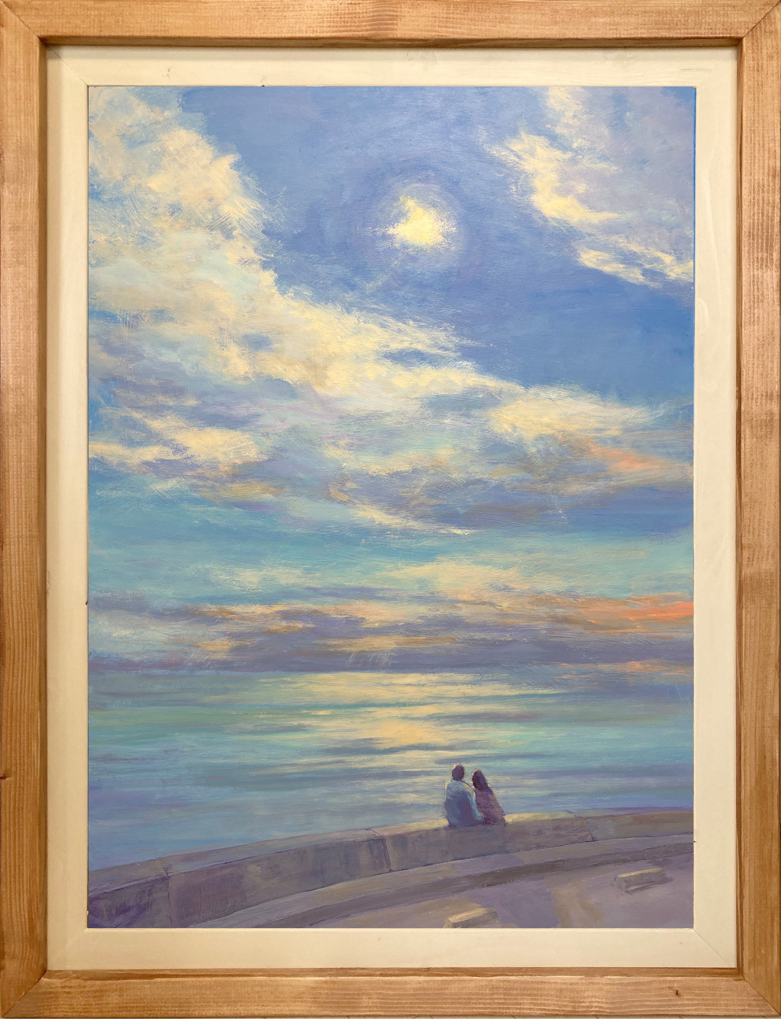 海と女性の油彩画　装飾フレーム付き 75x51.5cm 油絵 絵画 瀬戸の朝焼けの風景・photo・癒し・フォトフレーム付き127