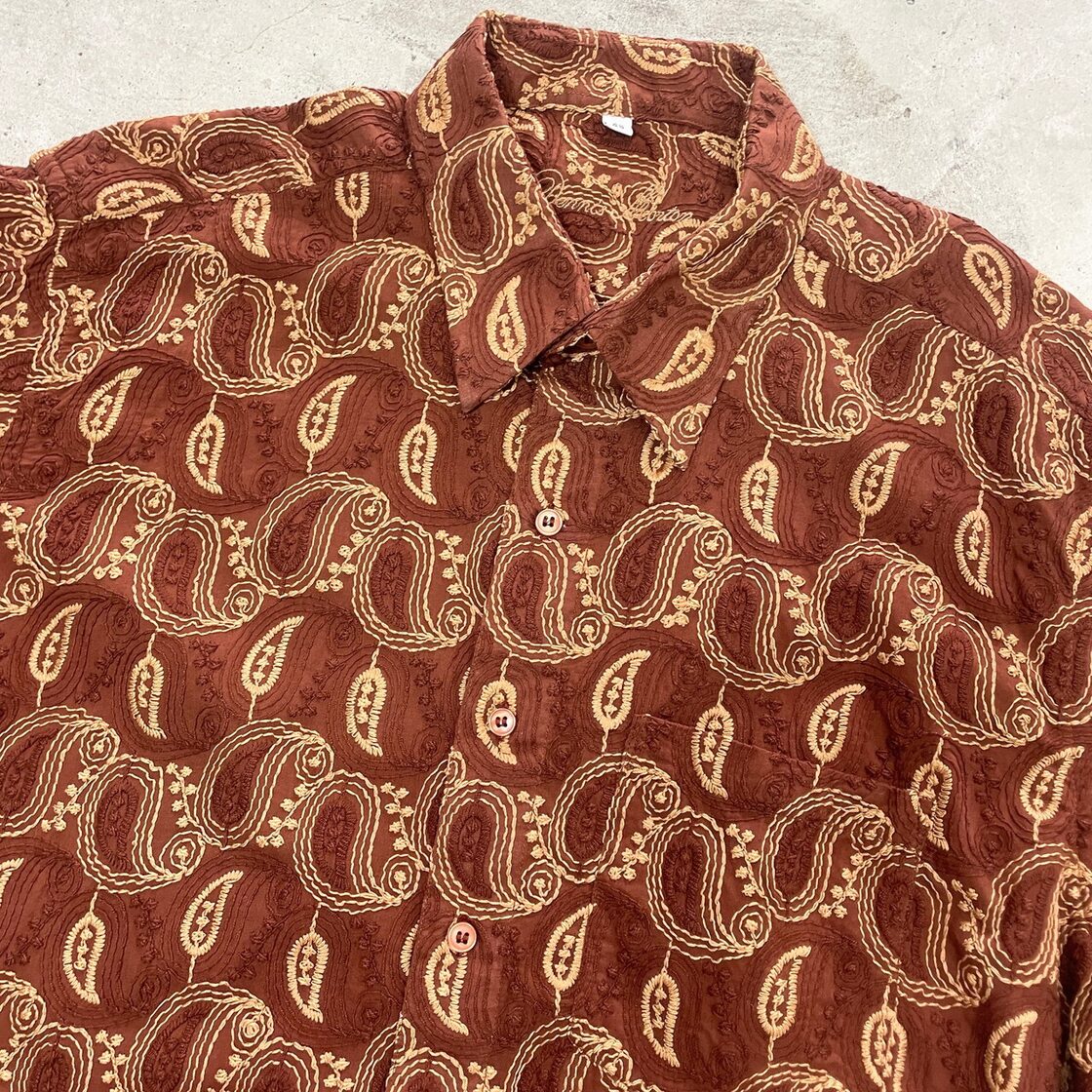 総刺繍 ペイズリー柄 コットン 総柄シャツ メンズXL相当 古着 ブラウン 