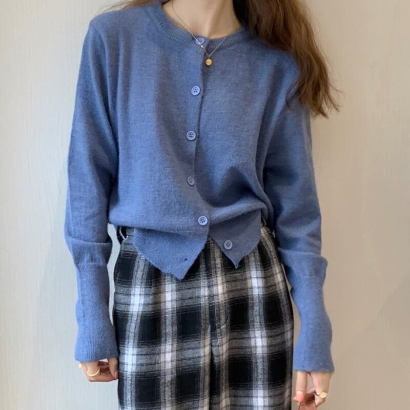 ブルーニットカーディガンセーター オータムルーズ薄手ラウンドネックショートジャケット 秋物 Oネック YY-ファッション1574043274